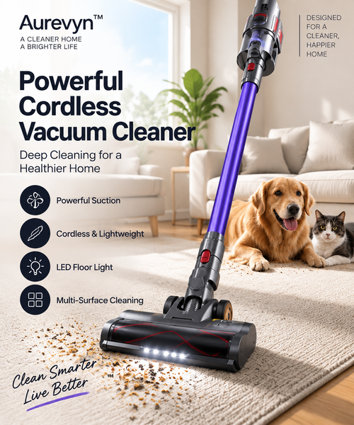Aurevyn™ V12 Pro Cordless Vacuum Cleaner – Powerful LED Stick Vacuum for Pet Hair, Dust & Hardwood Floors