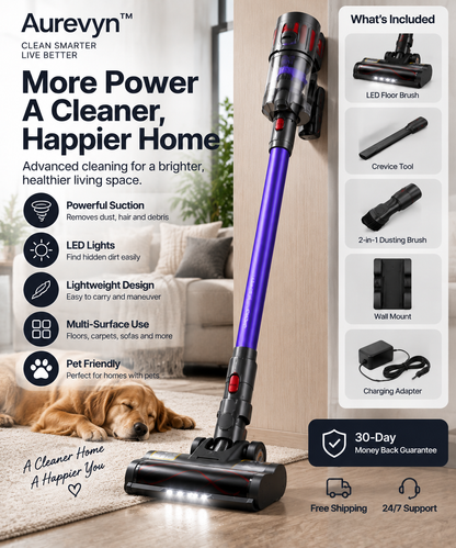 Aurevyn™ V12 Pro Cordless Vacuum Cleaner – Powerful LED Stick Vacuum for Pet Hair, Dust & Hardwood Floors