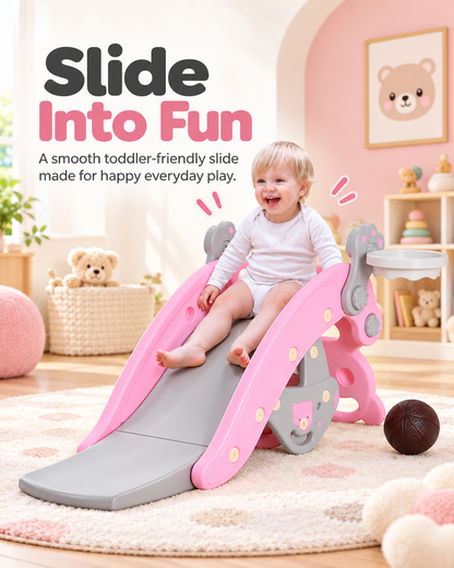 TumbleNest™ 5-in-1 Toddler Slide & Climber Playset – Foldable Indoor & Outdoor Playground with Basketball Hoop, Ring Toss & Detachable Stool