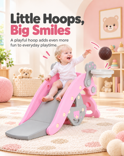 TumbleNest™ 5-in-1 Toddler Slide & Climber Playset – Foldable Indoor & Outdoor Playground with Basketball Hoop, Ring Toss & Detachable Stool