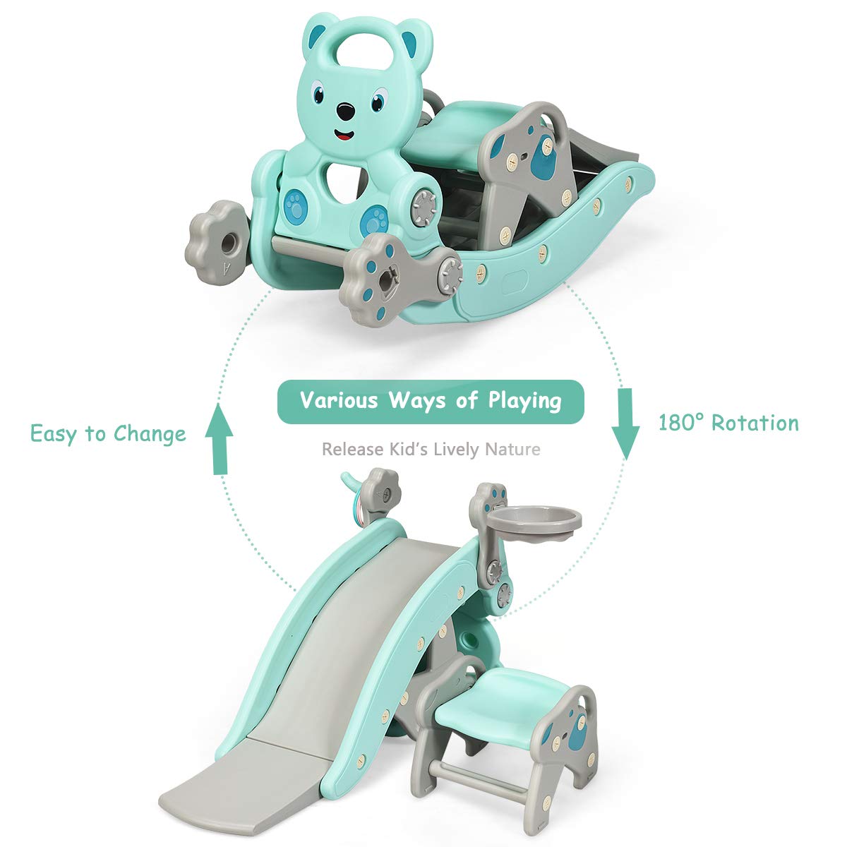 TumbleNest™ 5-in-1 Toddler Slide & Climber Playset – Foldable Indoor & Outdoor Playground with Basketball Hoop, Ring Toss & Detachable Stool